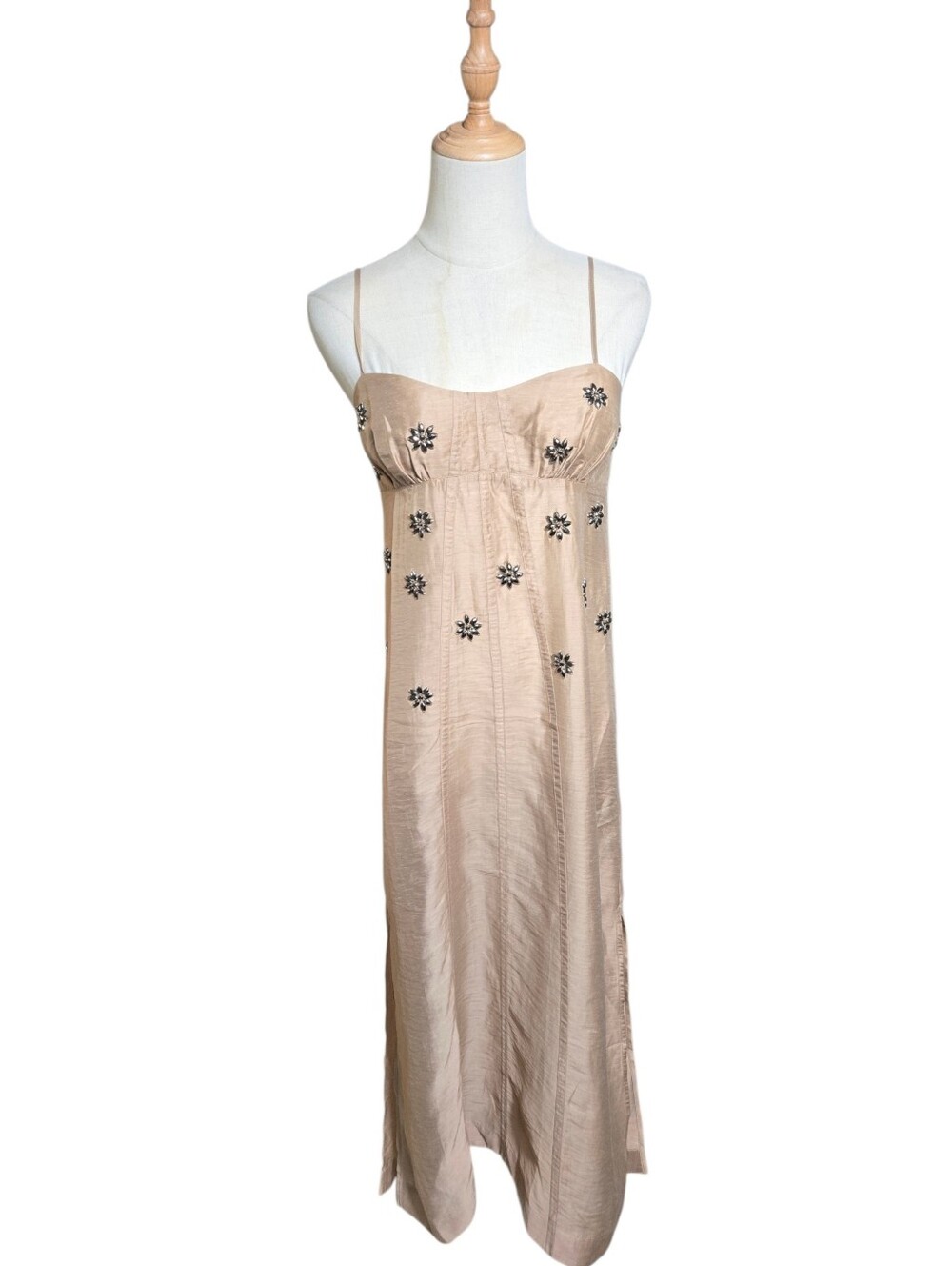 H & M Edition Beige Sheer Embellished Spaghetti Strap Linen Blend Maxi Dress NWT - Picture 2 of 7